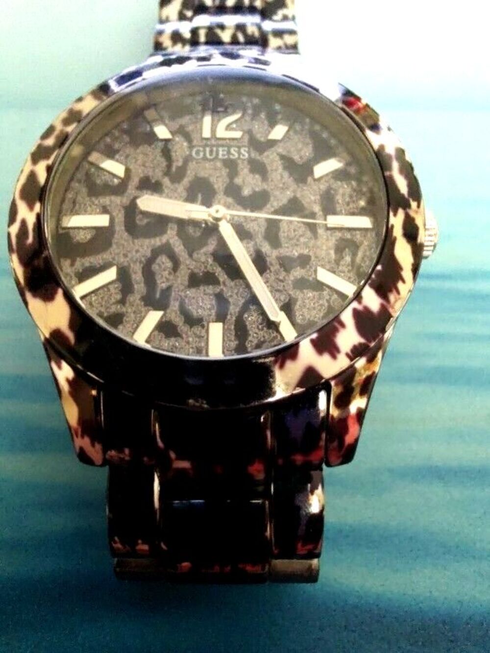 Women's Guess Steel Leopard Silver Black Watch with Crystal Accents W0001L1